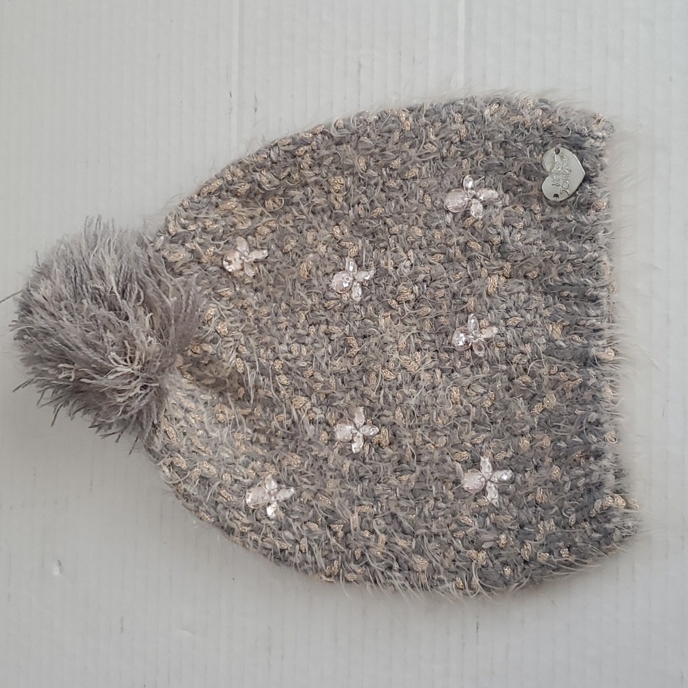 Betsy Johnson Rhinestones Pompom Knit Beanie Hat